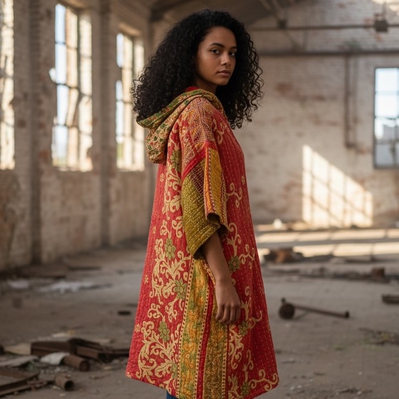 108 🌸 Hooded Poncho with pockets, handmade reversible OS - Picture 3 of 9